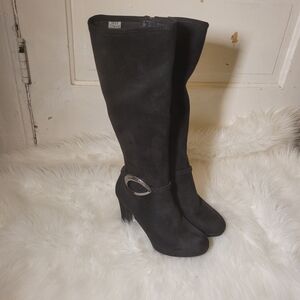 Elegant Black Knee High Heeled Boots with Silver Detail